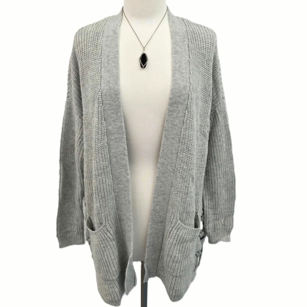 Womens M Gray Open Front Cardigan Sweater Lace Up Pockets Cozy Fall Winter Knit